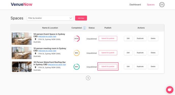Venue Manager Spaces Page Submit for Publish