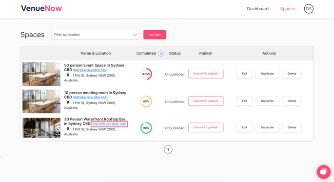 Venue Manager Spaces Page Preview in a New Tab