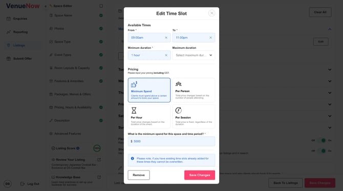 Space Editor - Edit Time Slot