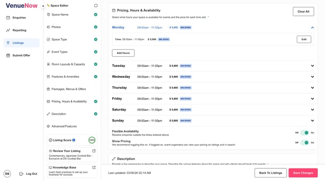 Space Editor - Pricing Hours Availability