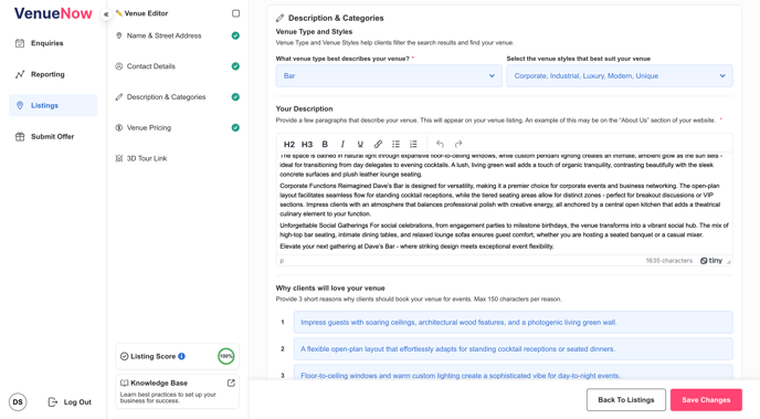 Venue Editor - Description and Categories
