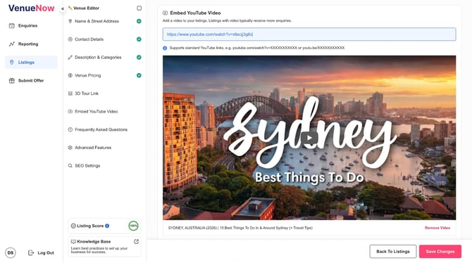 Venue Editor - Embed Youtube Video