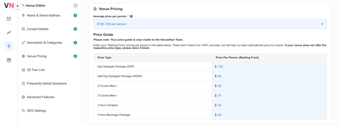 Venue Editor - Pricing