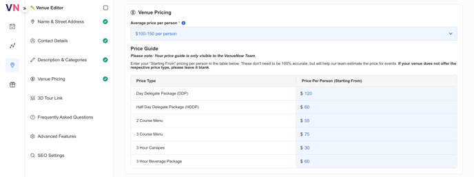 Venue Editor - Pricing